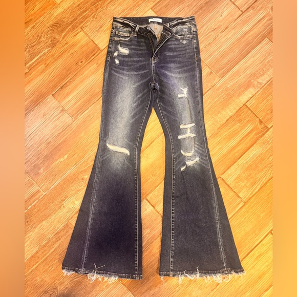 Flying Monkey Denim - Flying Monkey Dark Blue Distressed Flare Jeans